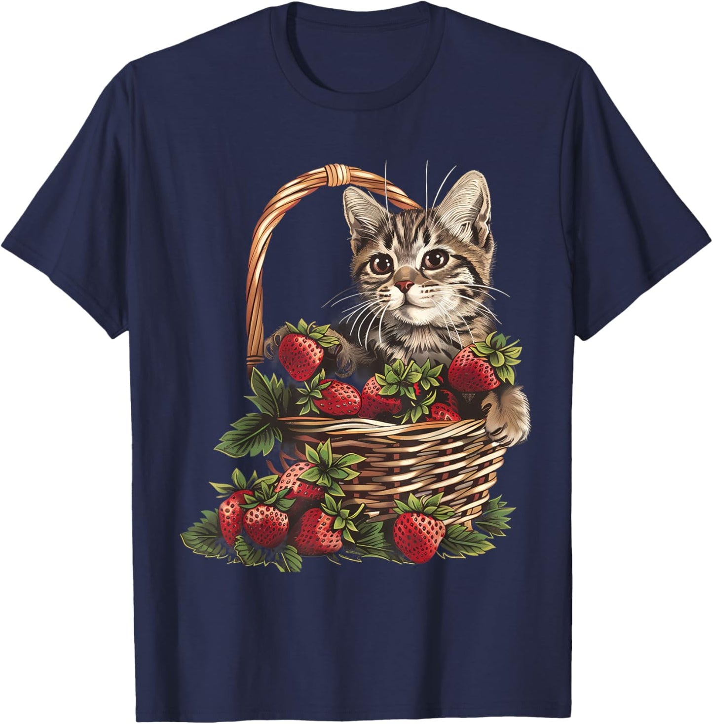 Strawberry Cat Animal Art Strawberry Fruit Cat Motif Drawing Women Kids T-Shirt - T-Shirt | Navy