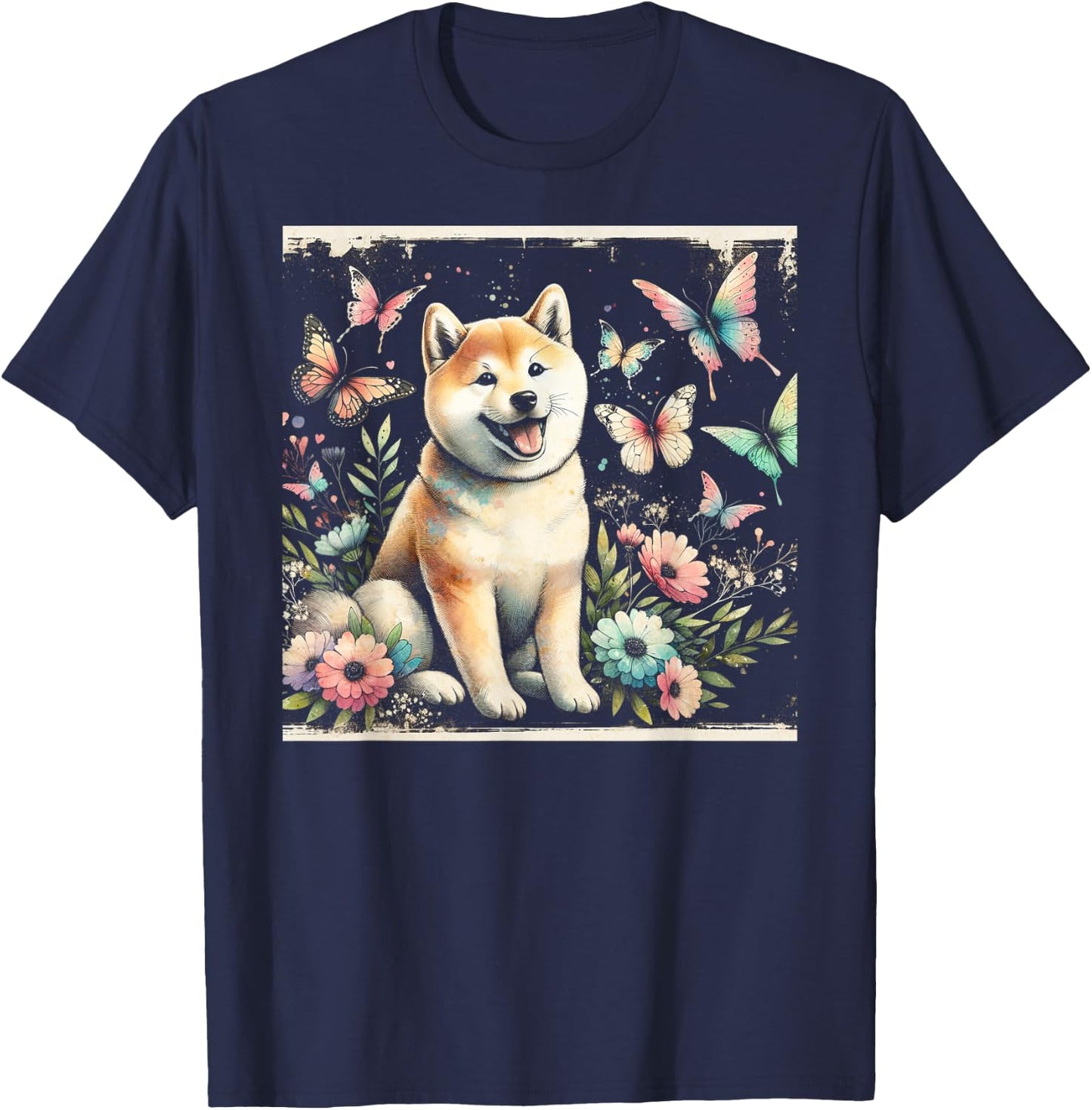 Shiba Inu and Butterflies T-Shirt - T-Shirt | Navy