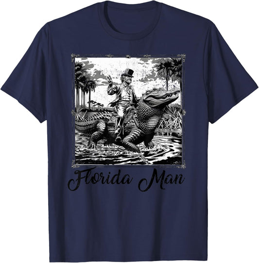 Florida Man Riding Alligator Funny Florida Vintage Souvenir T-Shirt - T-Shirt | Navy