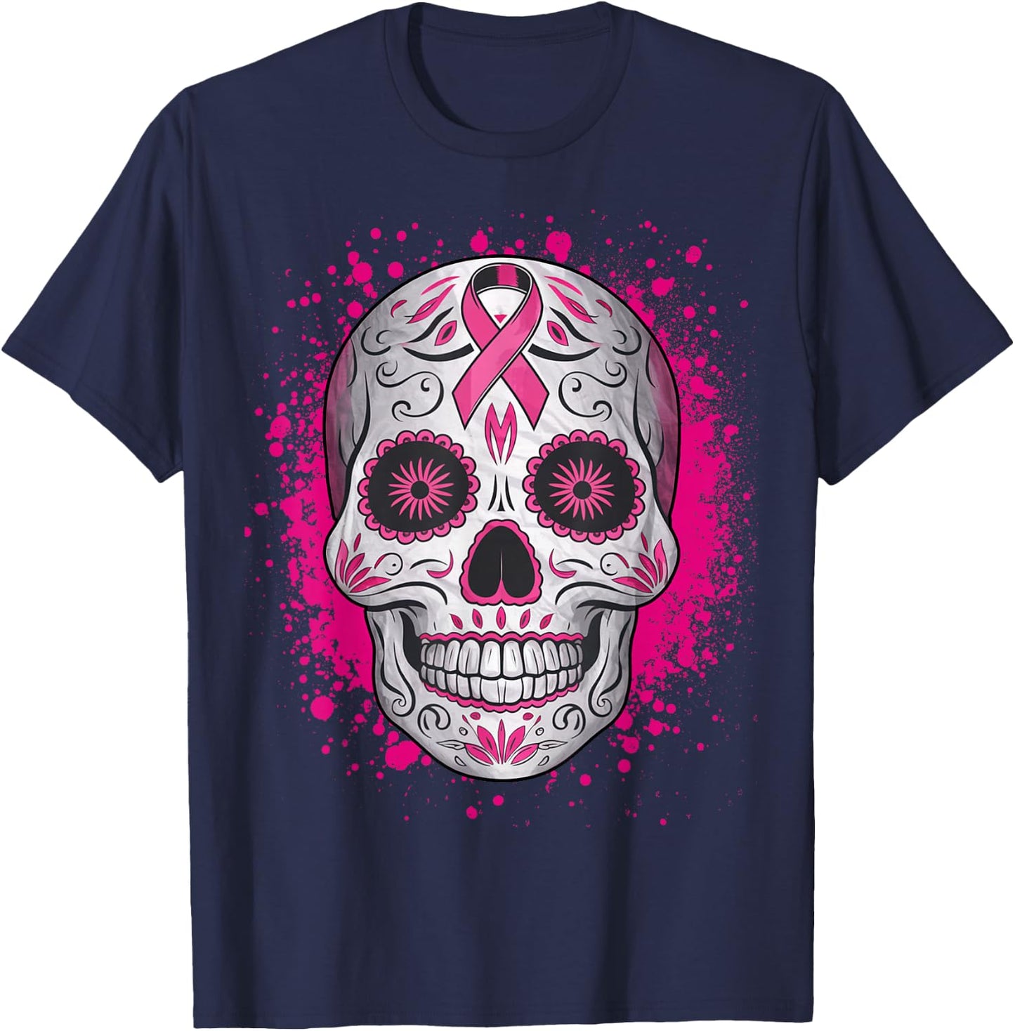 Sugar Skull Breast Cancer Shirts Awareness 2025 Pink Ribbon T-Shirt - T-Shirt | Navy