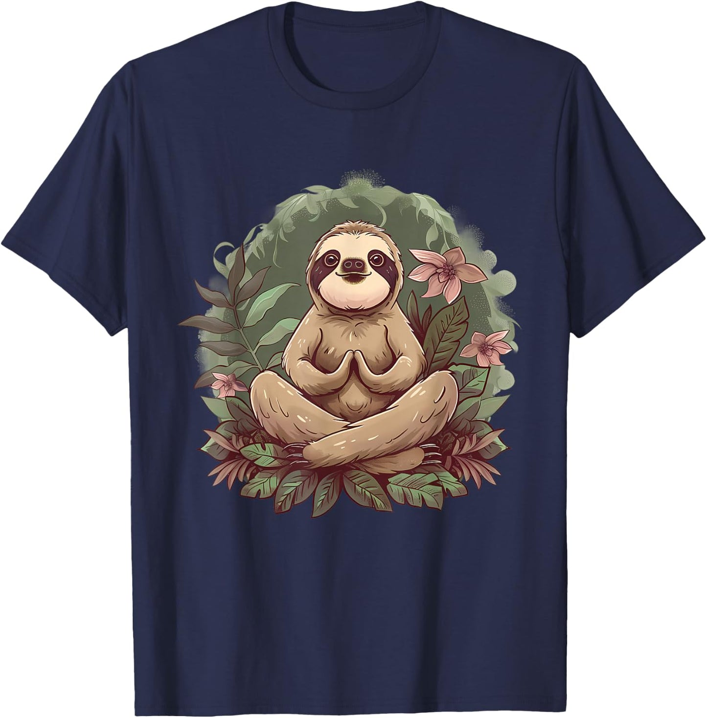 Sloth Meditation Spirituality Buddha Buddhist Floral Yoga T-Shirt - T-Shirt | Navy