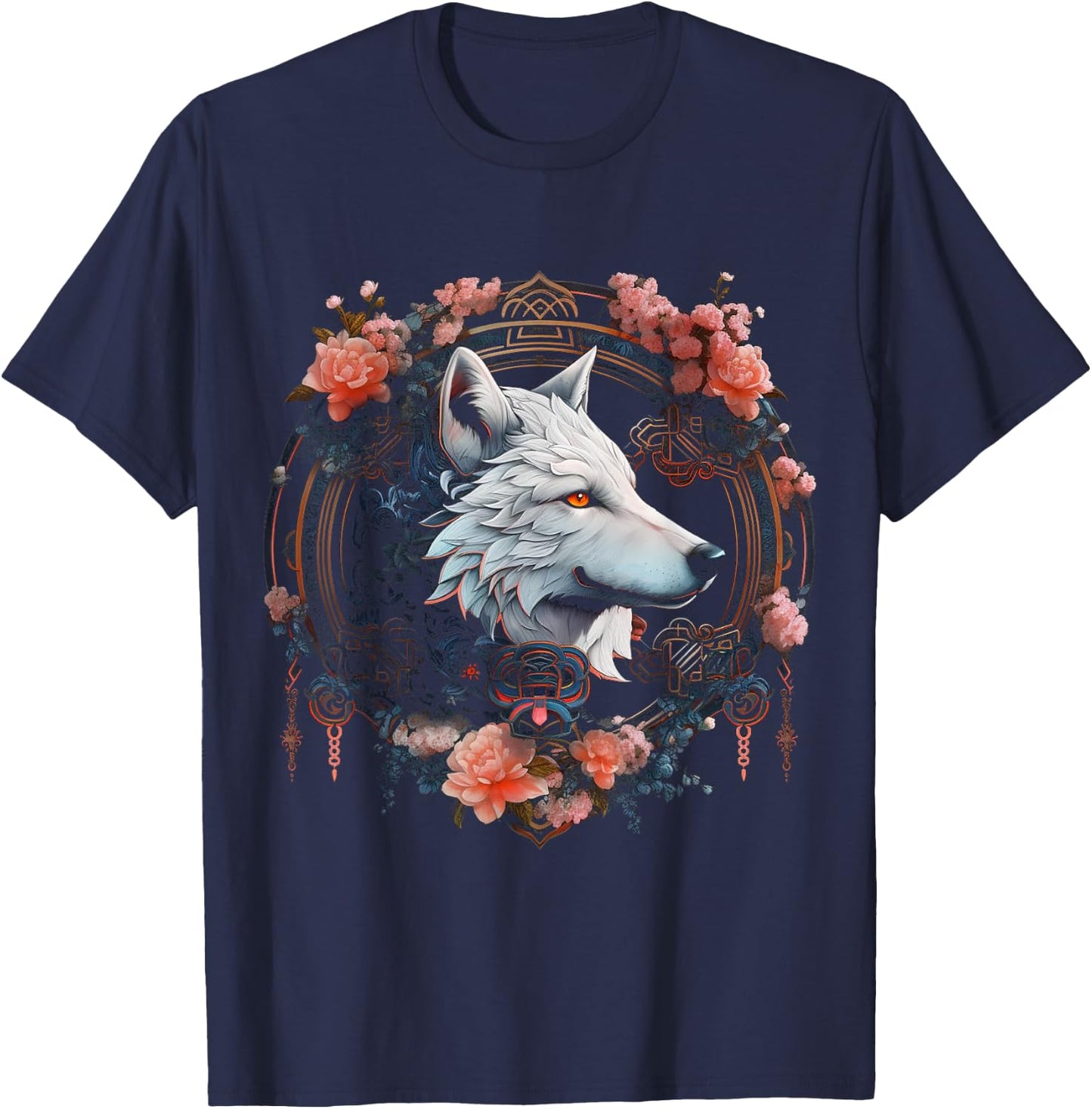 Wolf Flowers - Animal Lovers Animal Art Motif Wolf T-Shirt - T-Shirt | Navy