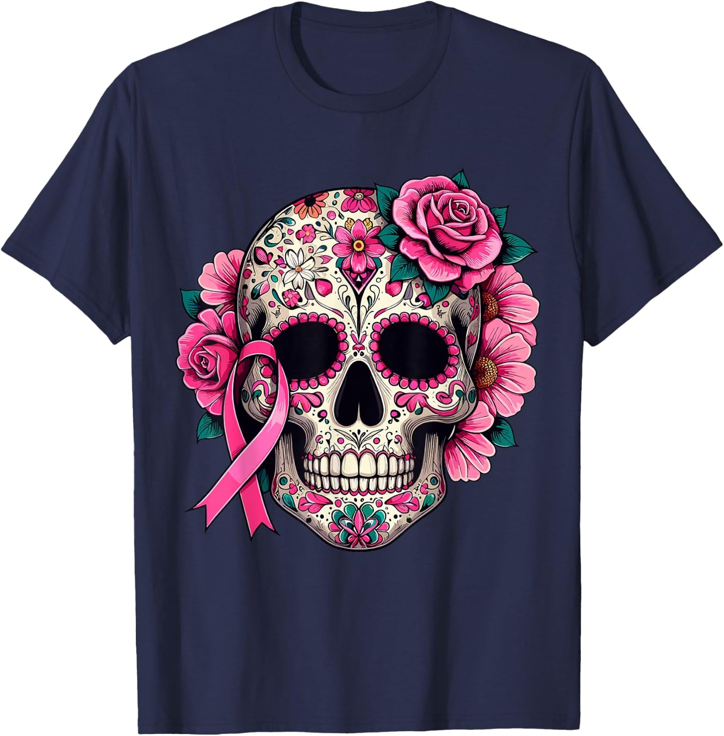 Sugar Skull Pink Ribbon Calavera Breast Cancer Awareness T-Shirt - T-Shirt | Navy