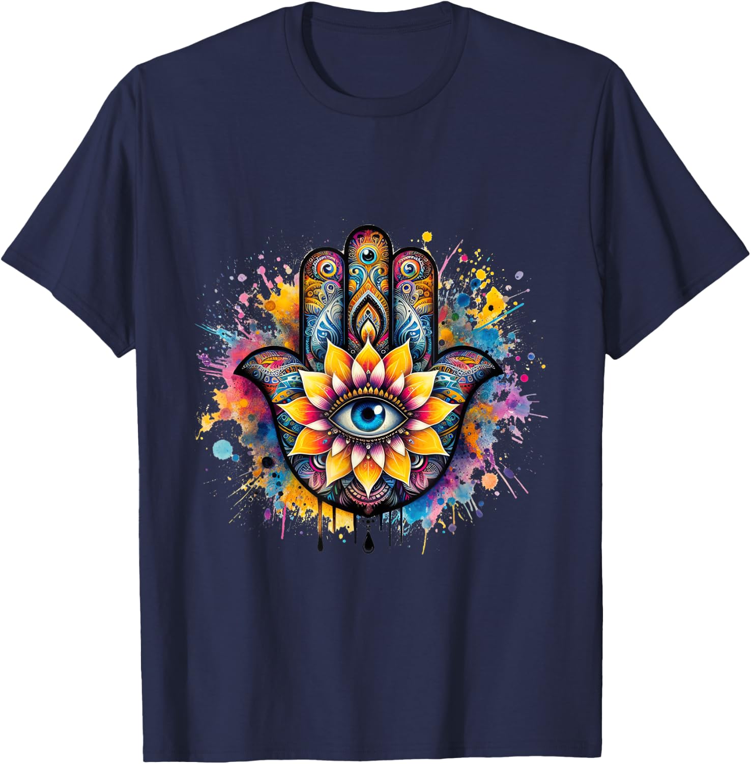 Beautiful Hamsa Hand Colorful with Fatima Eye and Lotus T-Shirt - T-Shirt | Navy