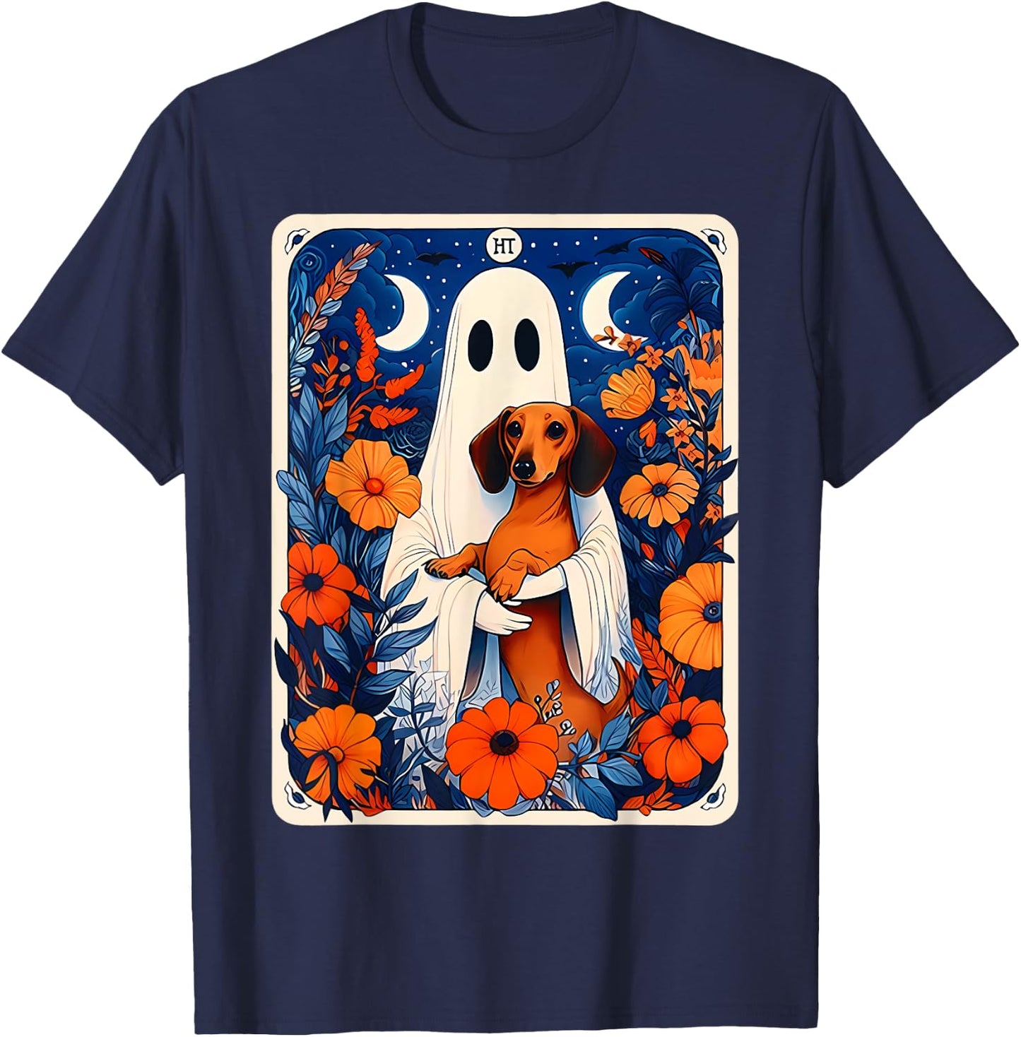 Ghost Holding Dachshund Spooky Tarot Card Fall Halloween T-Shirt - T-Shirt | Navy