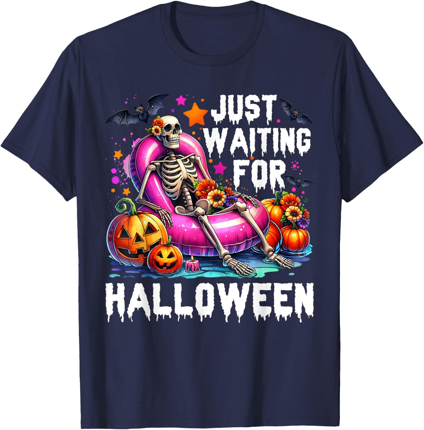 Funny Just Waiting For Halloween Skeleton Spooky Vibe Summer T-Shirt - T-Shirt | Navy
