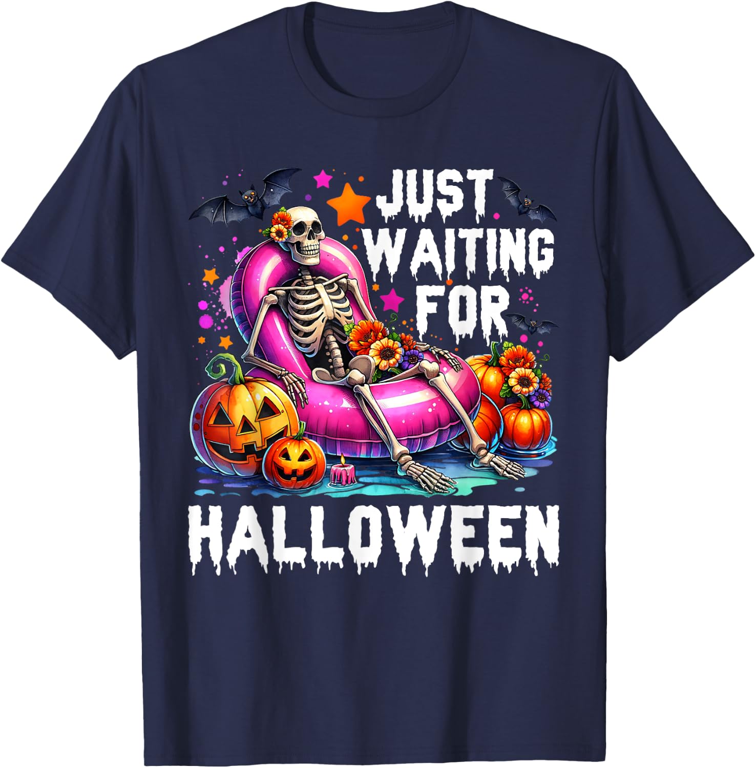 Funny Just Waiting For Halloween Skeleton Spooky Vibe Summer T-Shirt - T-Shirt | Navy