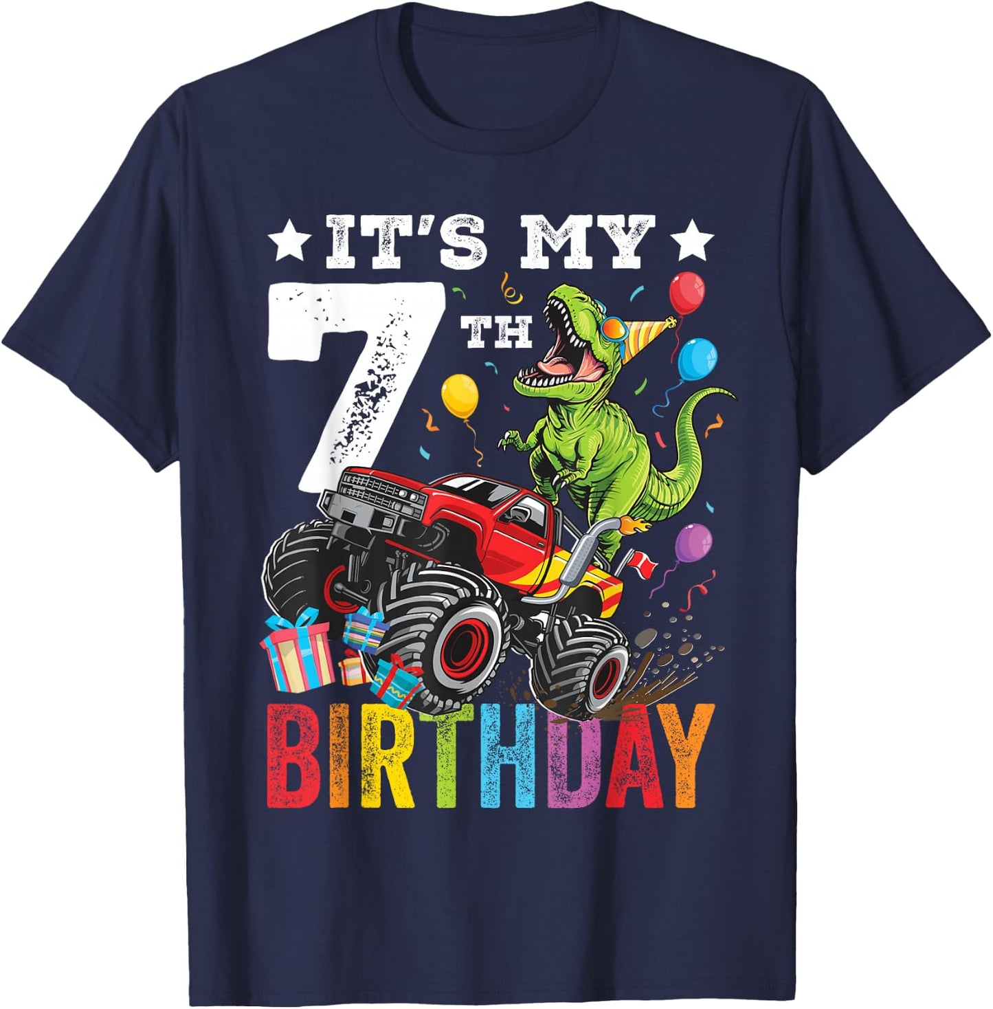 Seven 7th Birthday Dinosaur Monster Truck T-Shirt - T-Shirt | Navy
