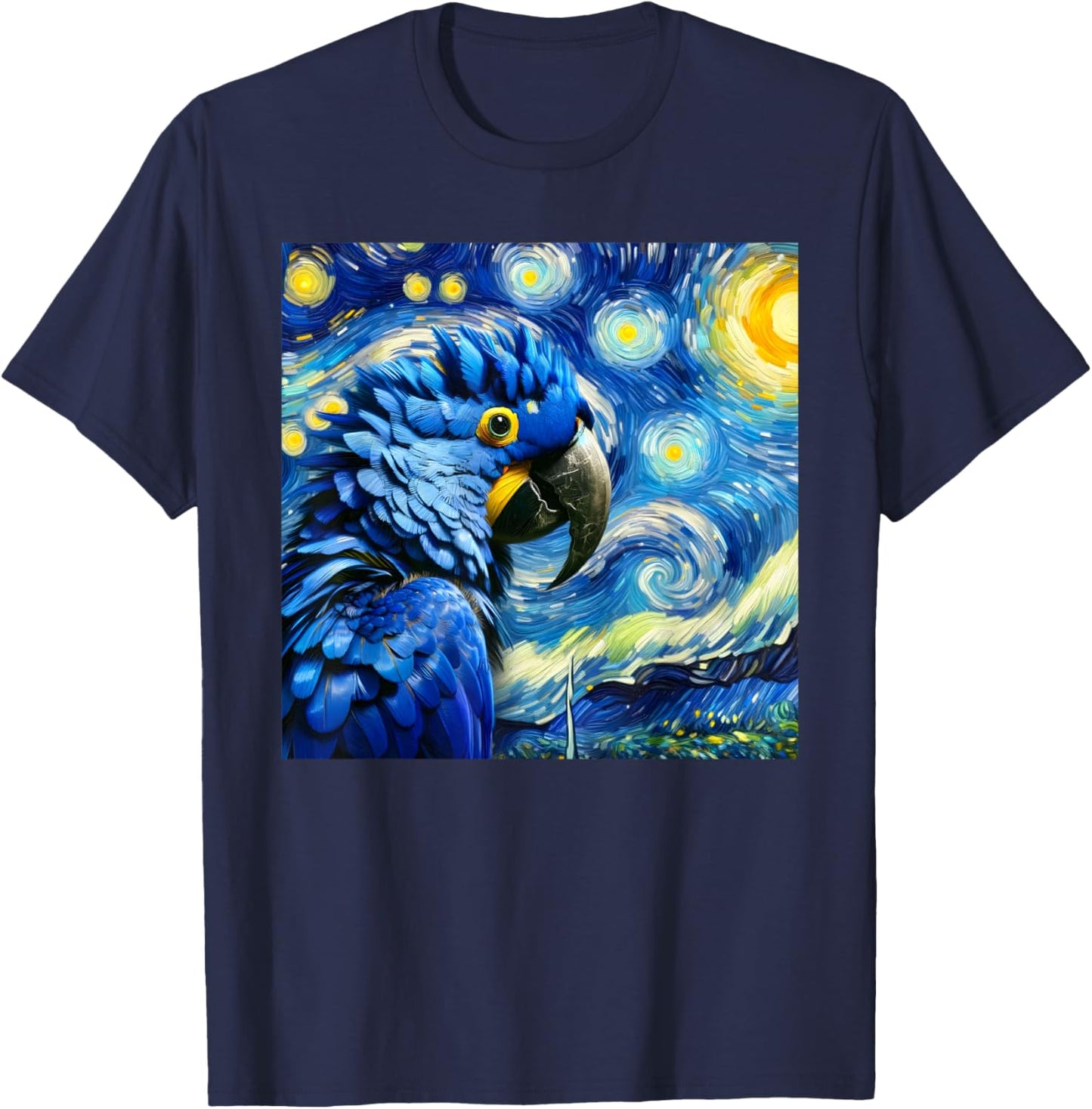 Hyacinth Macaw Parrot Surreal Starry Night Sky Art Van Gogh T-Shirt - T-Shirt | Navy