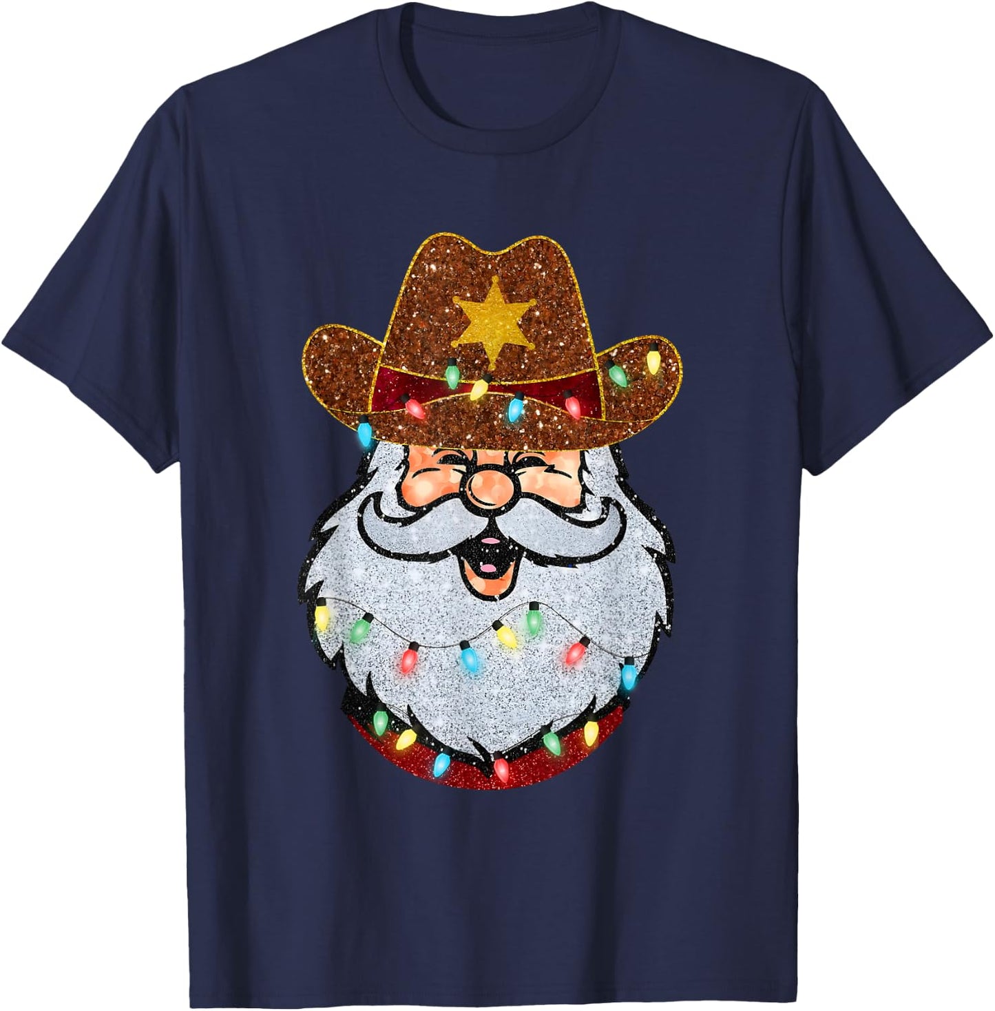 Santa Cowboy Western Christmas Xmas Lights Holiday Pajamas T-Shirt - T-Shirt | Navy