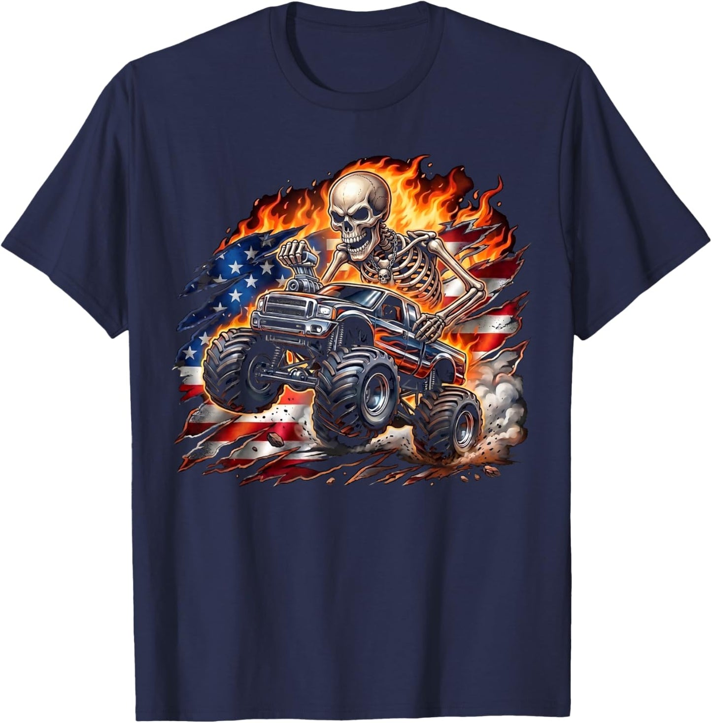 Patriotic Monster Truck Skeleton American Flag 4th of July T-Shirt - T-Shirt | Navy