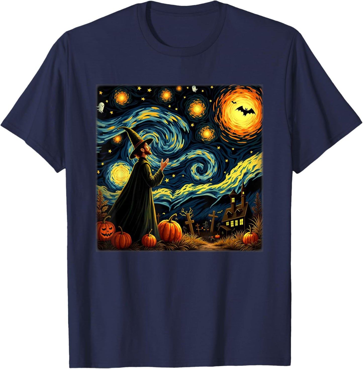 Spooky Halloween Magician Starry Night T-Shirt - T-Shirt | Navy