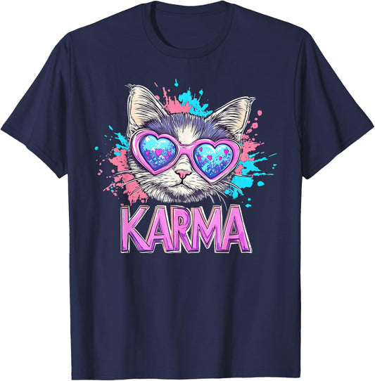 Vintage Cat Karma lovers For Teens Girls Women Men T-Shirt - T-Shirt | Navy