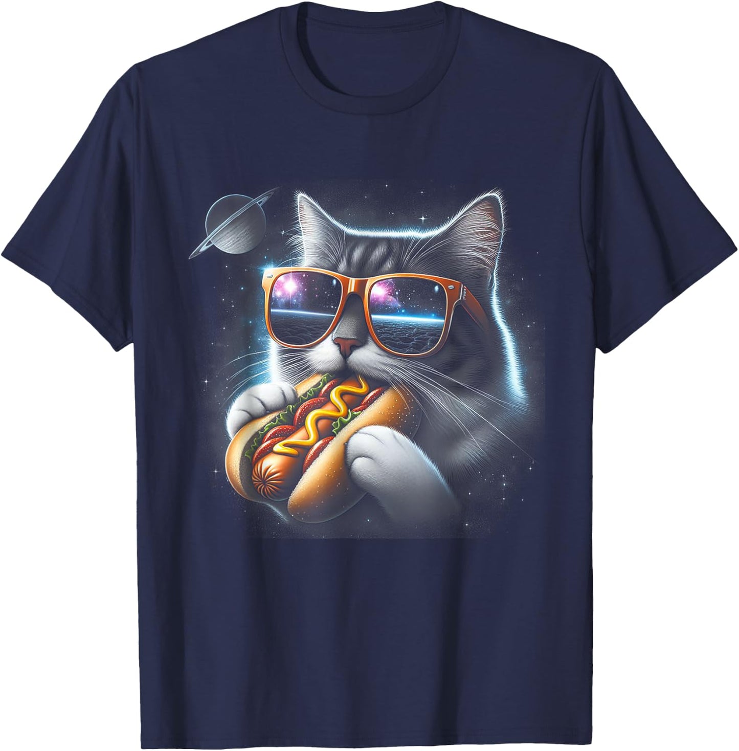 Cat Eating Funny Hot-Dog in Space Kit-Ty Gal-Axy T-Shirt - T-Shirt | Navy