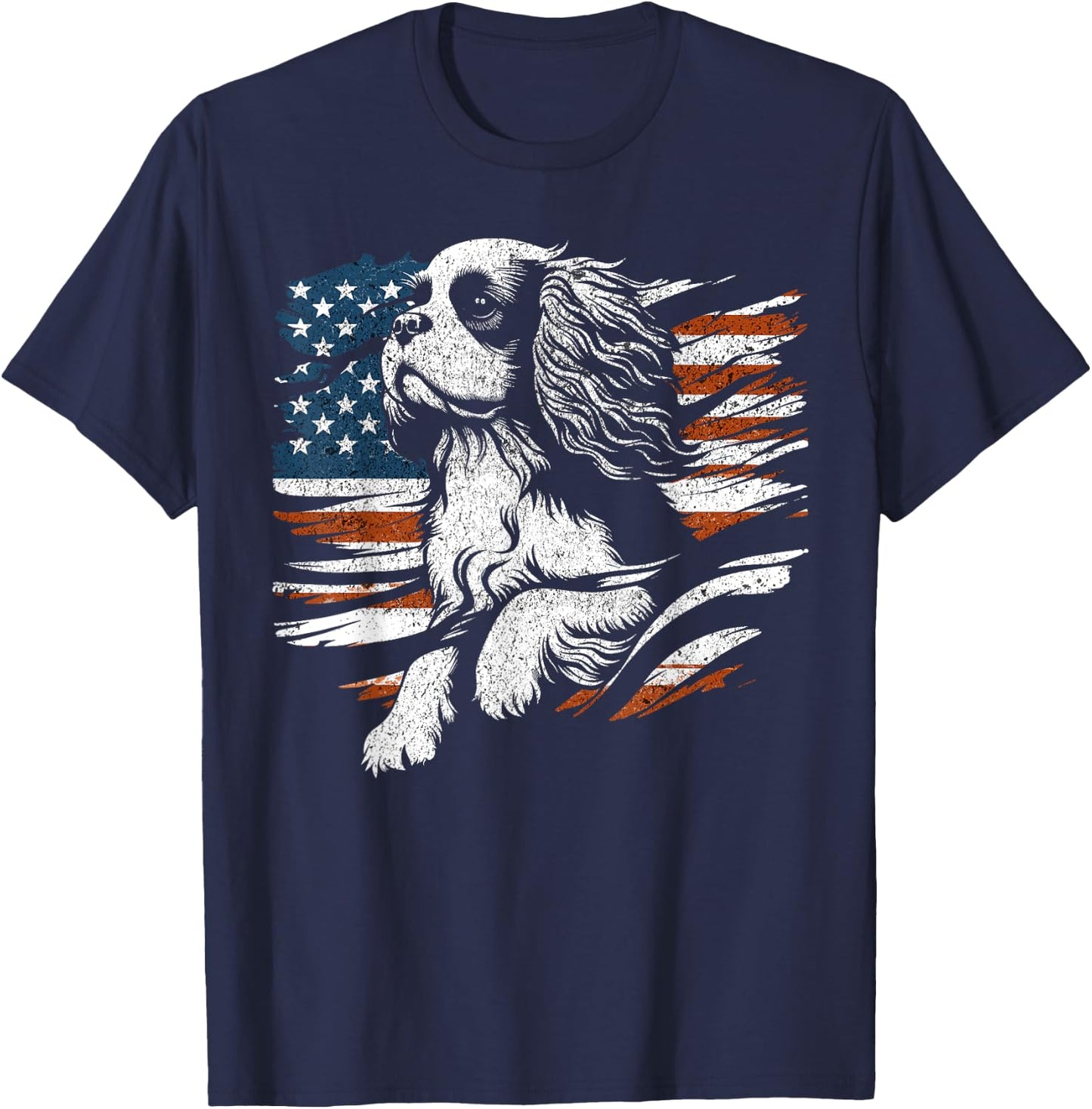 Cavalier King Charles Spaniel American USA Flag 4th of July Women Men T-Shirt - T-Shirt | Navy