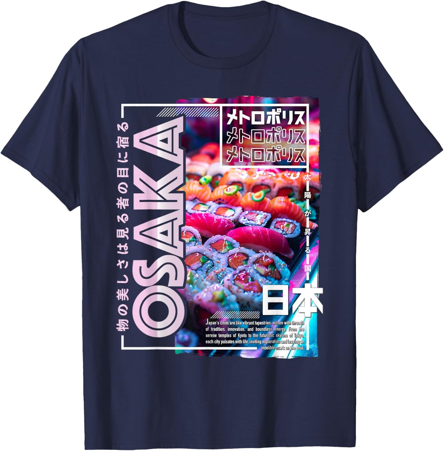 Osaka City 80s Synthwave Sushi Japan Osaka T-Shirt - T-Shirt | Navy