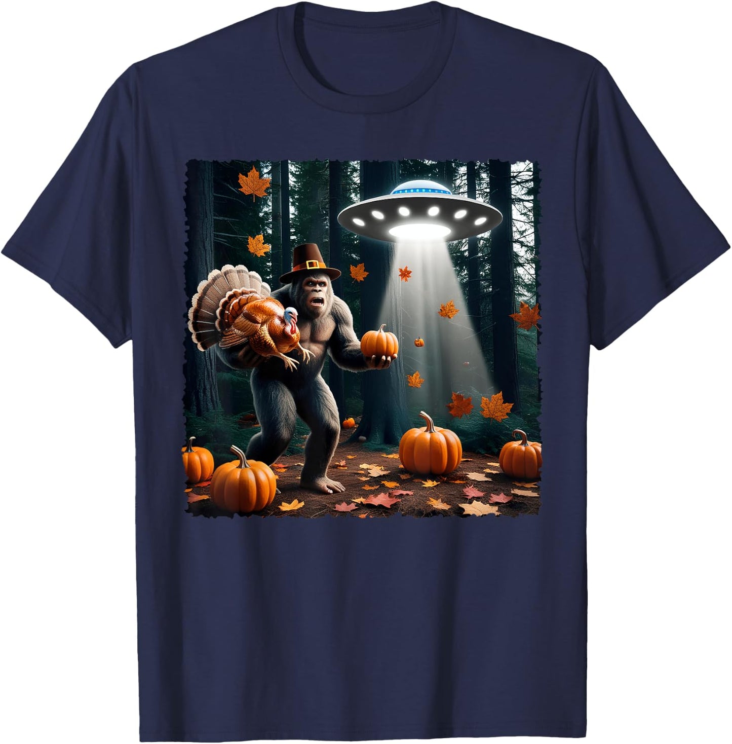 Bigfoot Sasquatch Turkey UFOs Funny Thanksgiving Day Pumpkin T-Shirt - T-Shirt | Navy