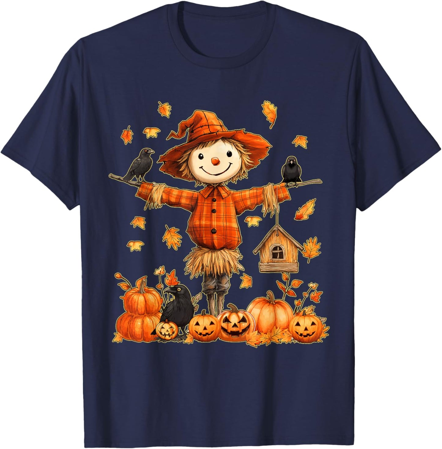 Cute Scarecrow Pumpkin Thanksgiving Halloween Hello Fall T-Shirt - T-Shirt | Navy