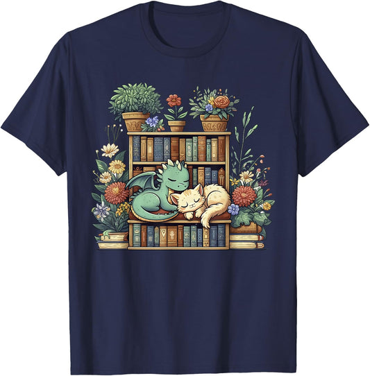 Boho Librarian Booklover Cottagecore Fantasy Book Dragon Cat T-Shirt - T-Shirt | Navy