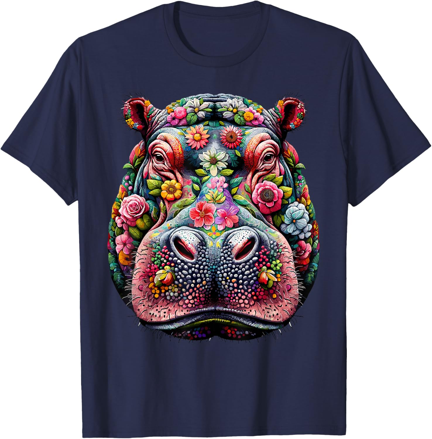 Floral Aesthetic Hippopotamus Lover Shirt Hippo T-Shirt - T-Shirt | Navy