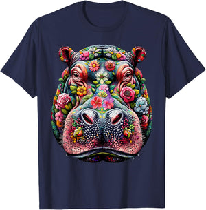 Floral Aesthetic Hippopotamus Lover Shirt Hippo T-Shirt - T-Shirt | Navy