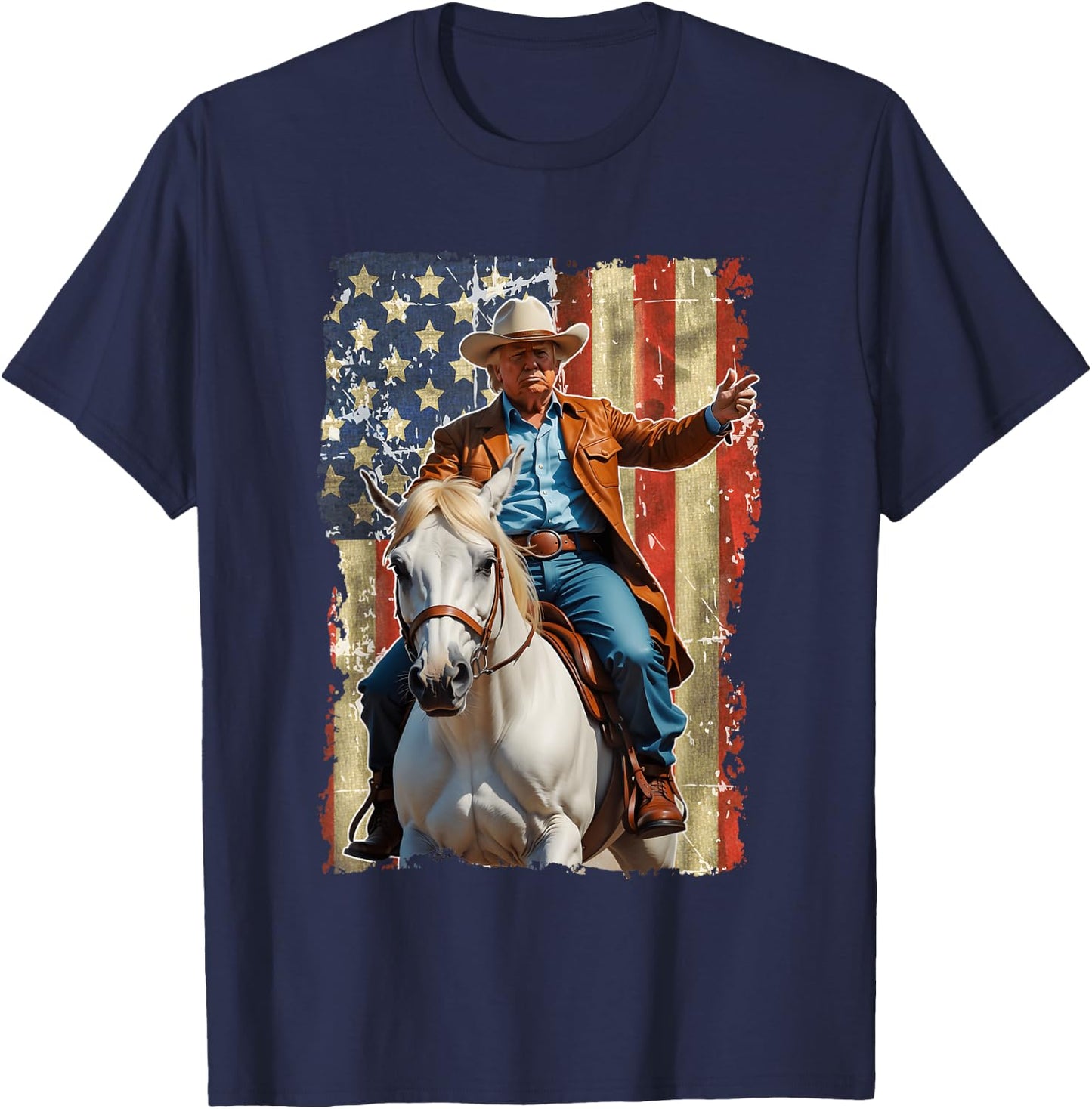 Trump Riding Horse American Flag Cowboy T-Shirt - T-Shirt | Navy