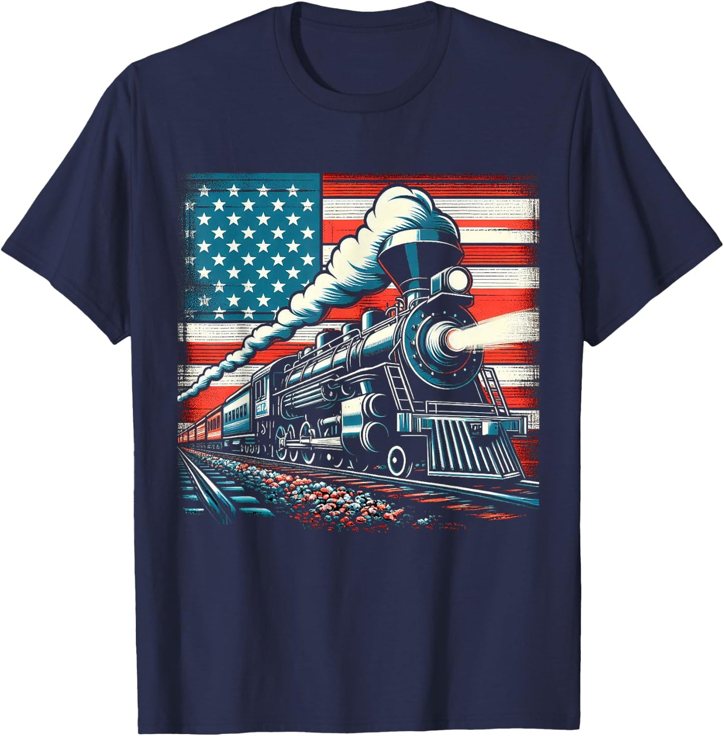 Train With The American Flag 4th of July Women Kids Men T-Shirt - T-Shirt | Navy