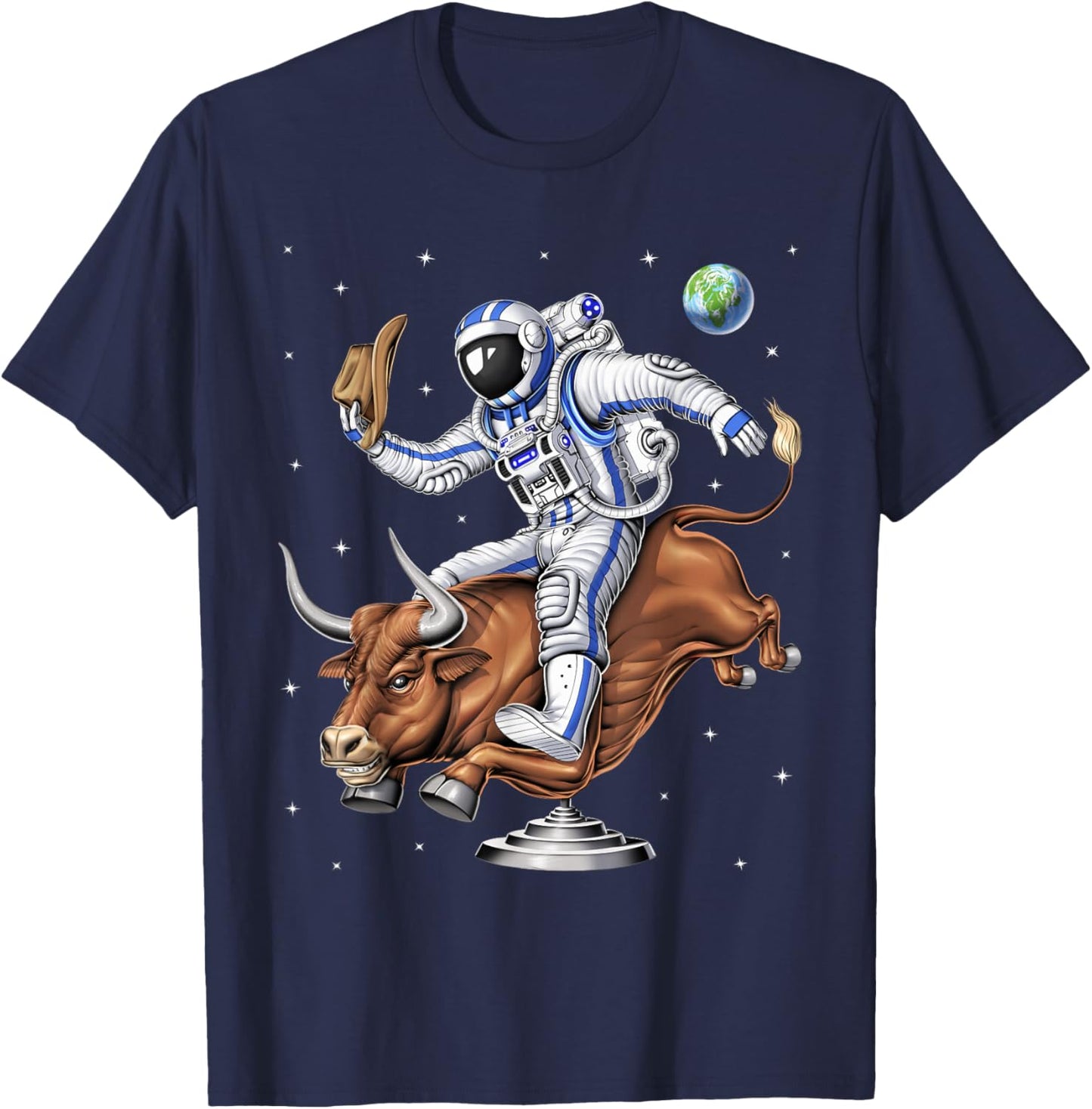 Space Astronaut Cowboy Riding Rodeo Bull Western Country T-Shirt - T-Shirt | Navy