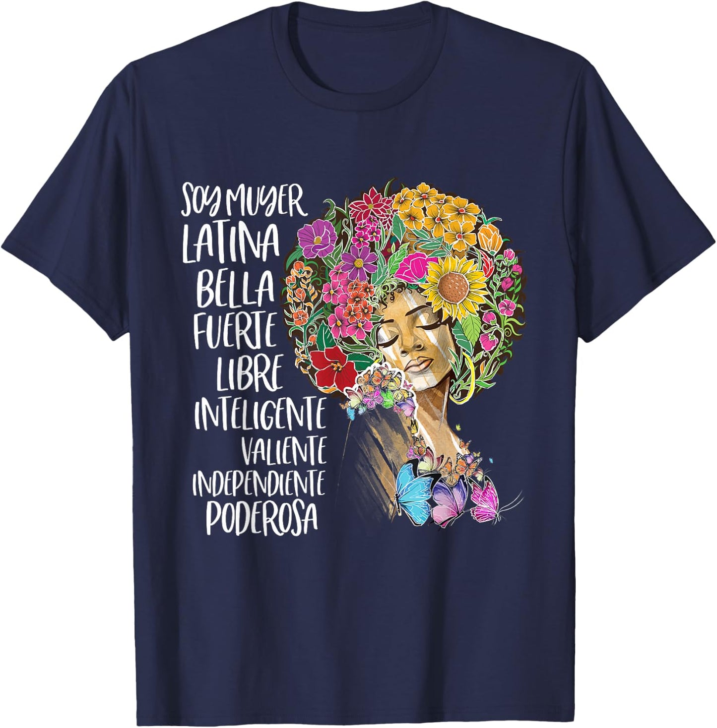 Soy Muyer Latina Afro American Flower Afro Spanish T-Shirt - T-Shirt | Navy