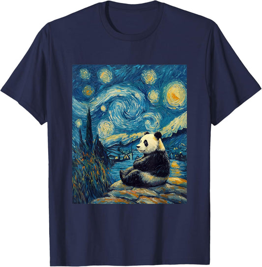 Cute Panda Bear - Van Gogh Style - Starry Night Graphic T-Shirt - T-Shirt | Navy