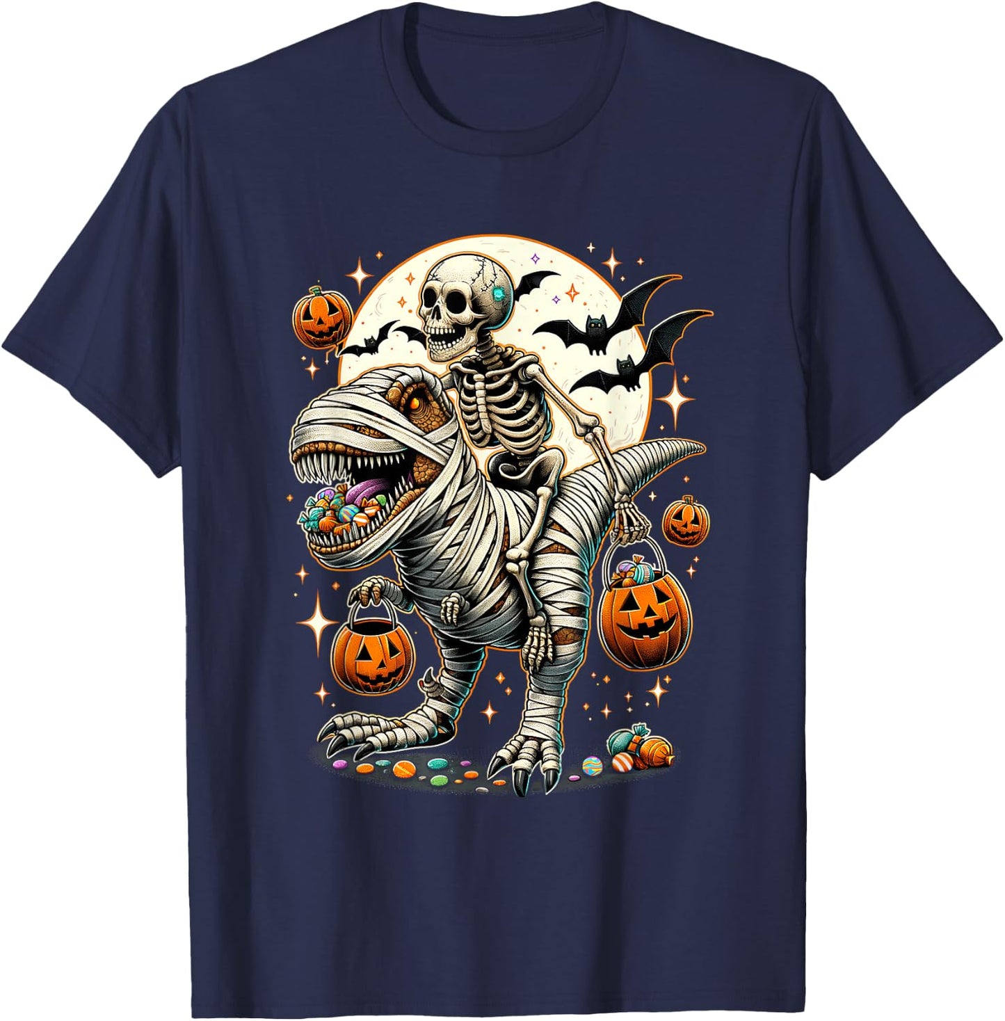Skeleton Riding Mummy Dinosaur T Rex Kids Boys Men Halloween T-Shirt - T-Shirt | Navy