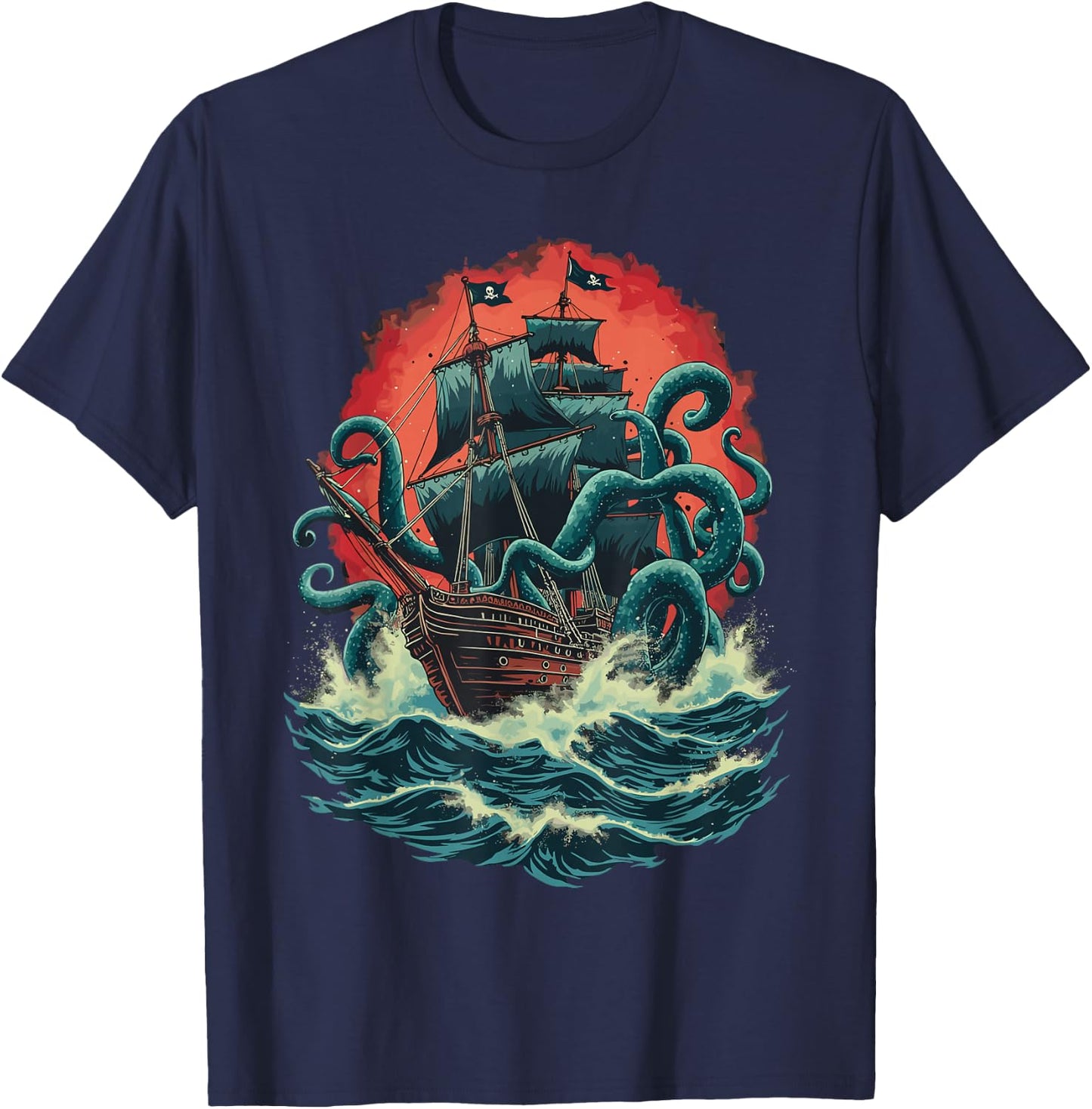 Pirate Ship Kraken Ocean Battle Giant Octopus Sea Monster T-Shirt - T-Shirt | Navy