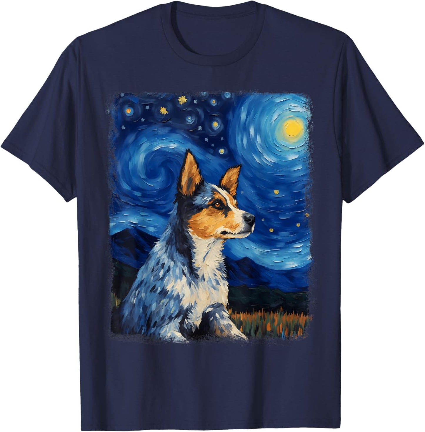 Australian Cattle Dog Dog Starry Night Painting T-Shirt - T-Shirt | Navy