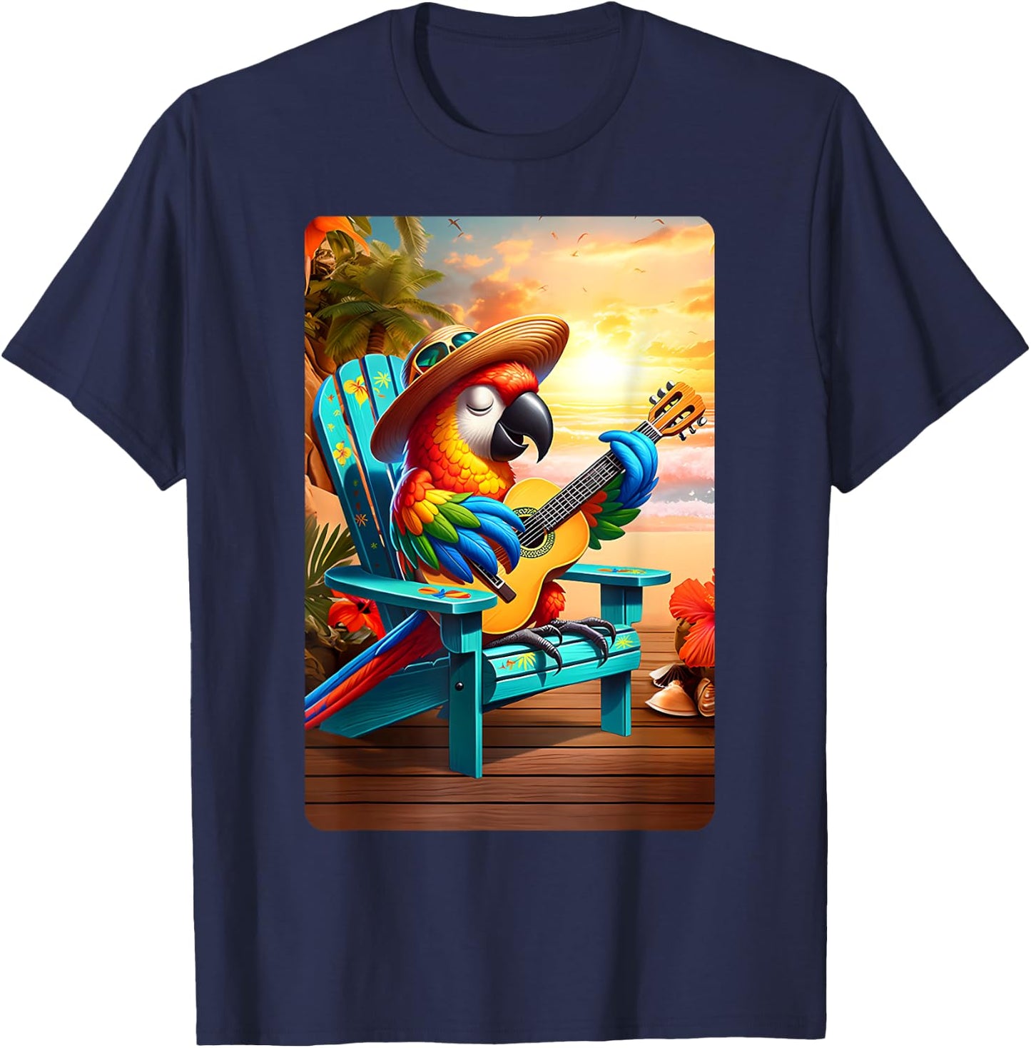 Cool Parrot Playing Guitar On Beach Guitar Parrot Sunset Women Kids T-Shirt - T-Shirt | Navy