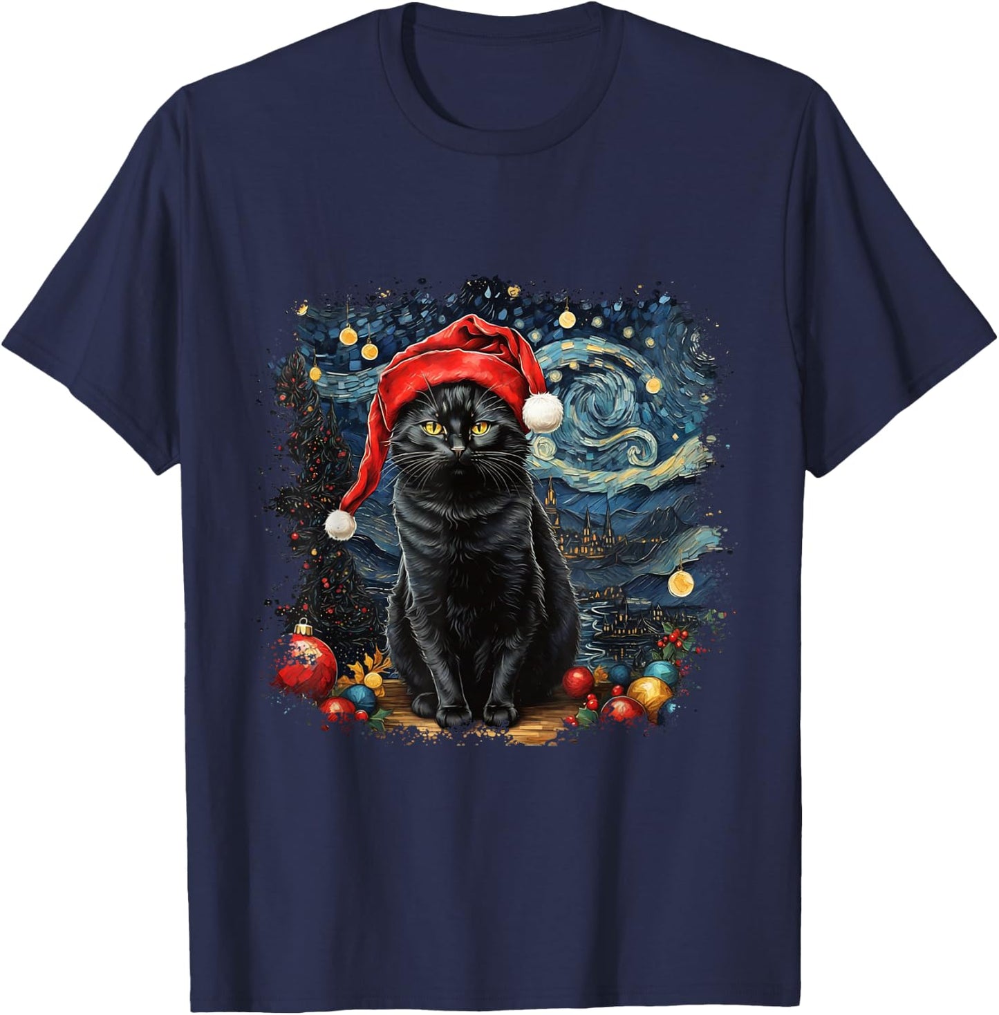 Cat , Starry Night Cat, Cat Shirt, Van Gogh Cat T-Shirt - T-Shirt | Navy