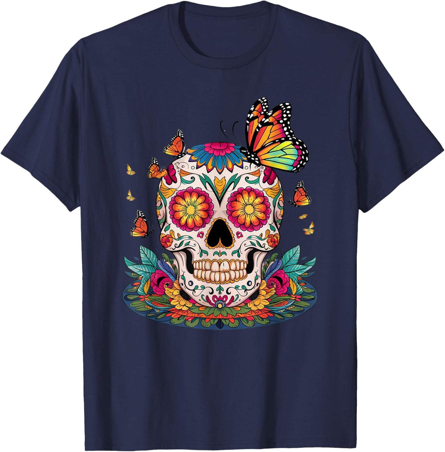 Sugar Skull Butterfly Day of Dead Halloween Dia De Muertos T-Shirt - T-Shirt | Navy