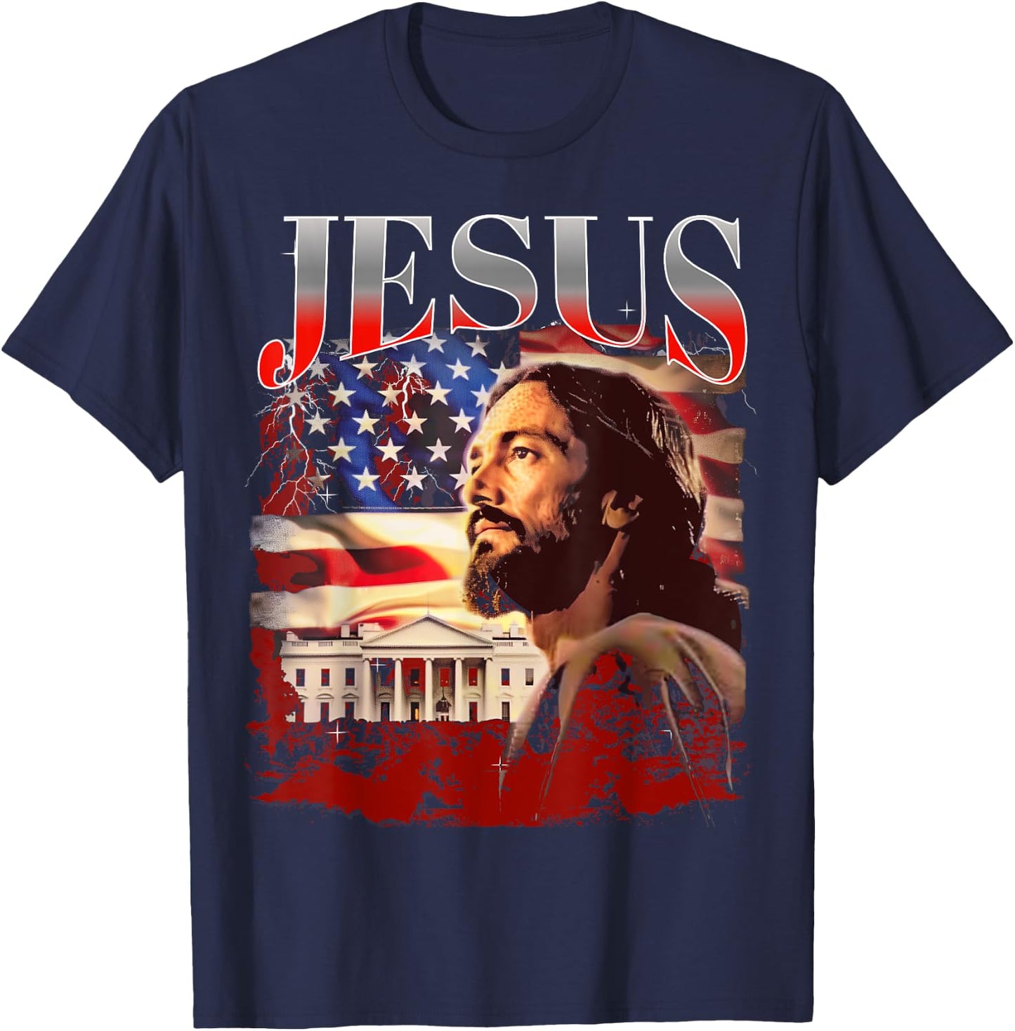 Jesus USA America Patriot Meme 90s Bootleg Rap Merch Style T-Shirt - T-Shirt | Navy