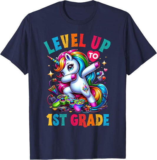 Unicorn video games back to School 1st grade Girls Level up T-Shirt - T-Shirt | Navy