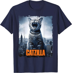 Catzilla Roaring Over City Skyline Cat Monster Kitten Kitty , Small, Black T-Shirt - T-Shirt | Navy