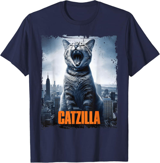 Catzilla Roaring Over City Skyline Cat Monster Kitten Kitty , Small, Black T-Shirt - T-Shirt | Navy
