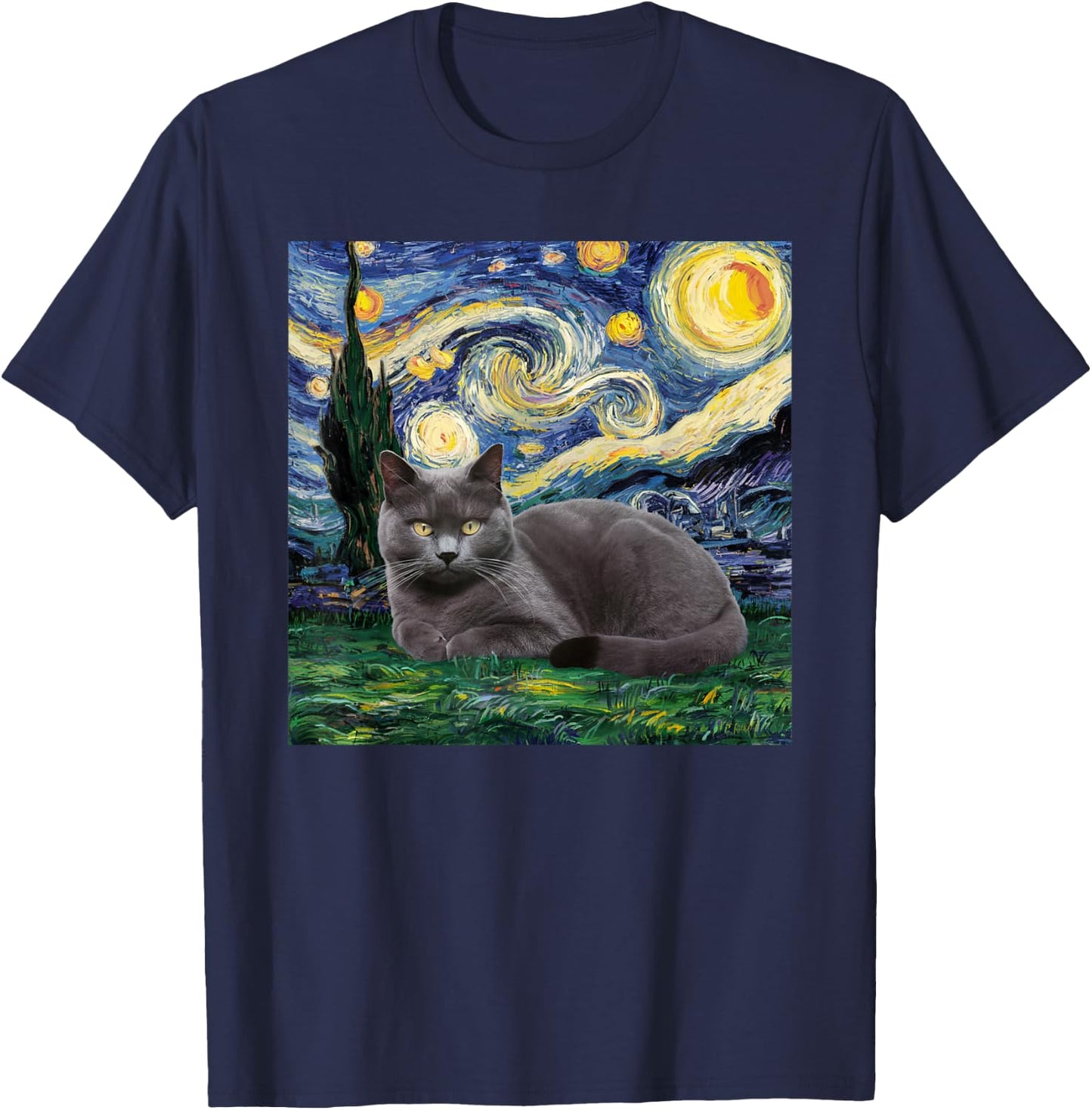 Gray Cat Van Gogh Starry Night Women Kids T-Shirt - T-Shirt | Navy