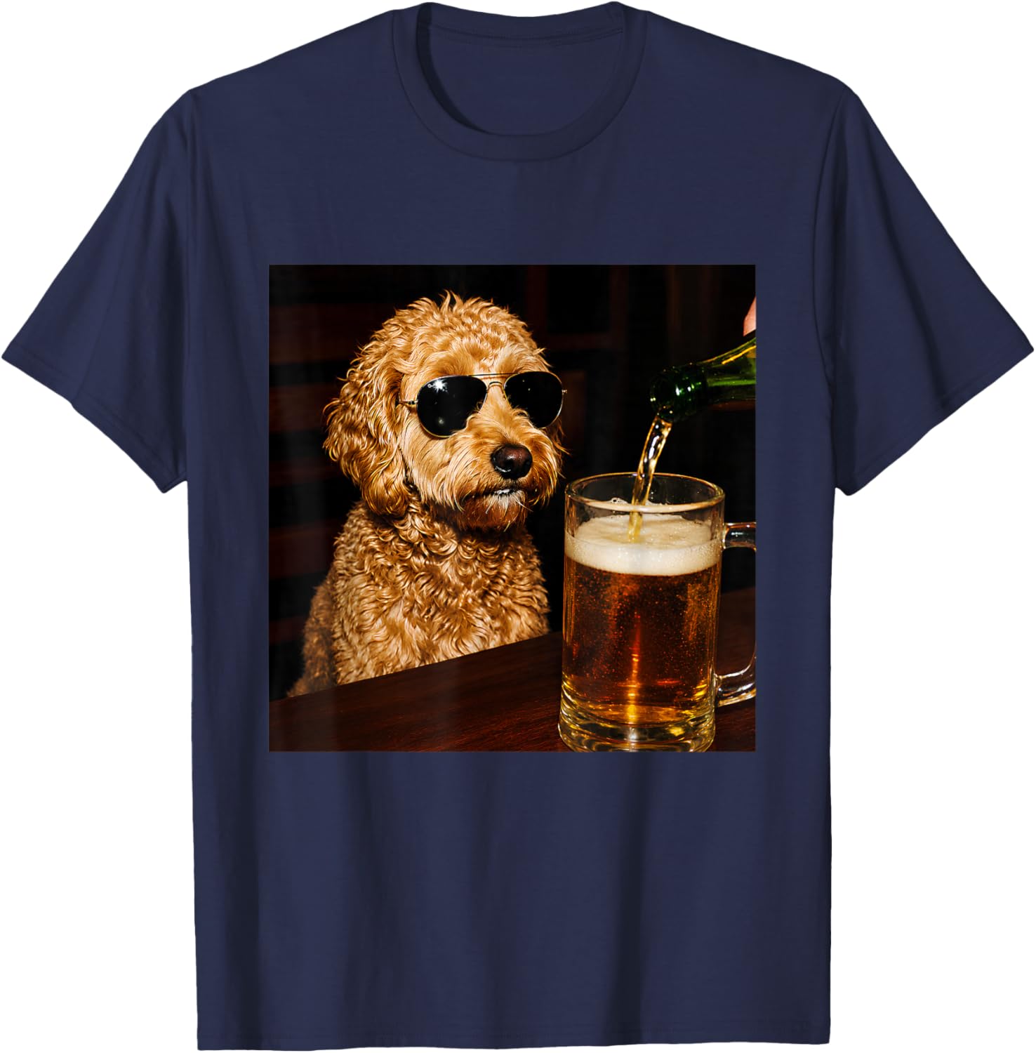 Vintage Cool Goldendoodle Drinking Beer Goldendoodle Dog Dad T-Shirt - T-Shirt | Navy