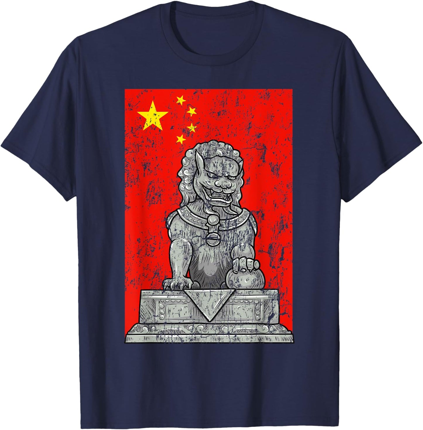 Chinese Flag China Lion Guard Beijing Distressed T-Shirt - T-Shirt | Navy