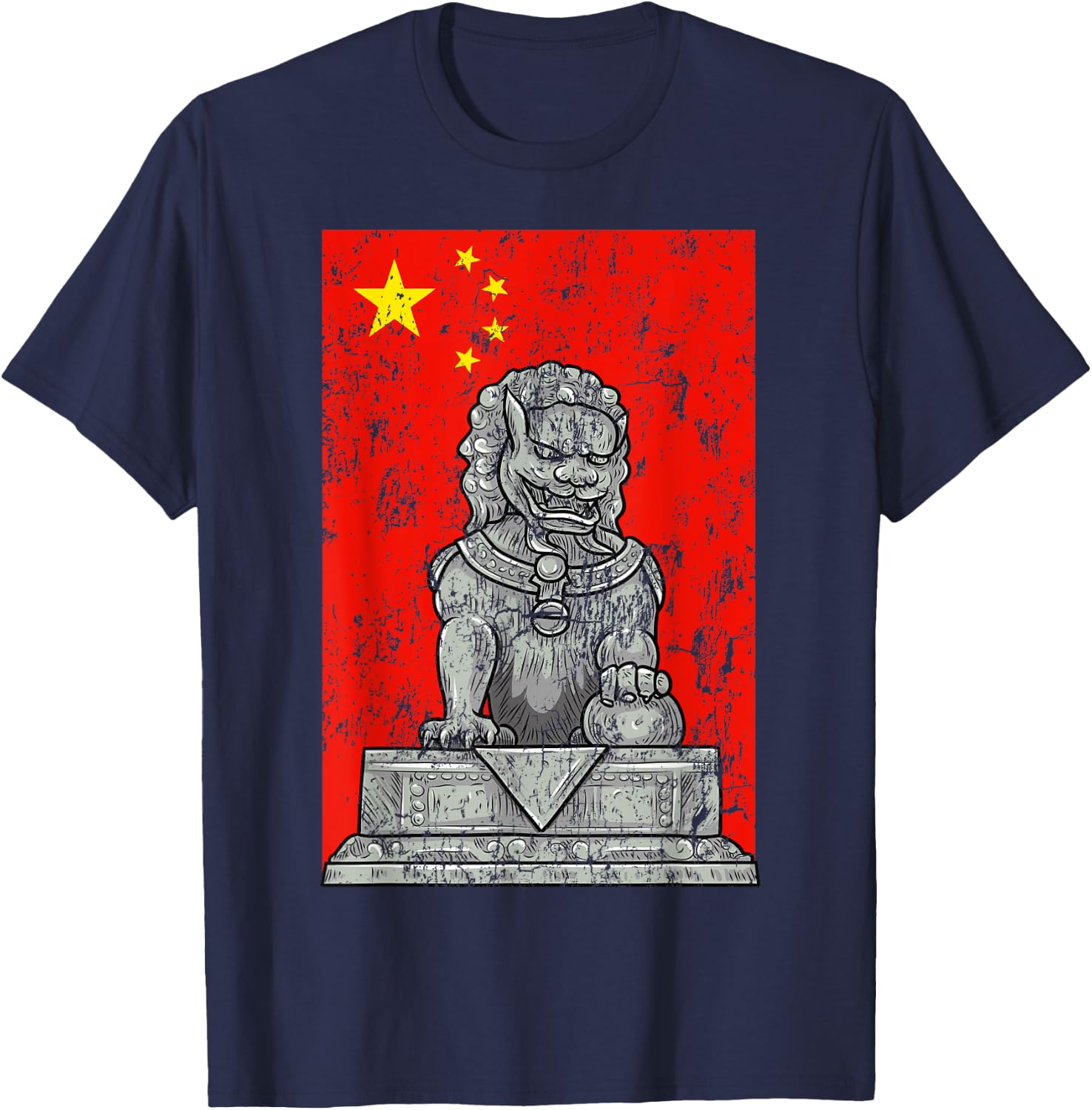 Chinese Flag China Lion Guard Beijing Distressed T-Shirt - T-Shirt | Navy