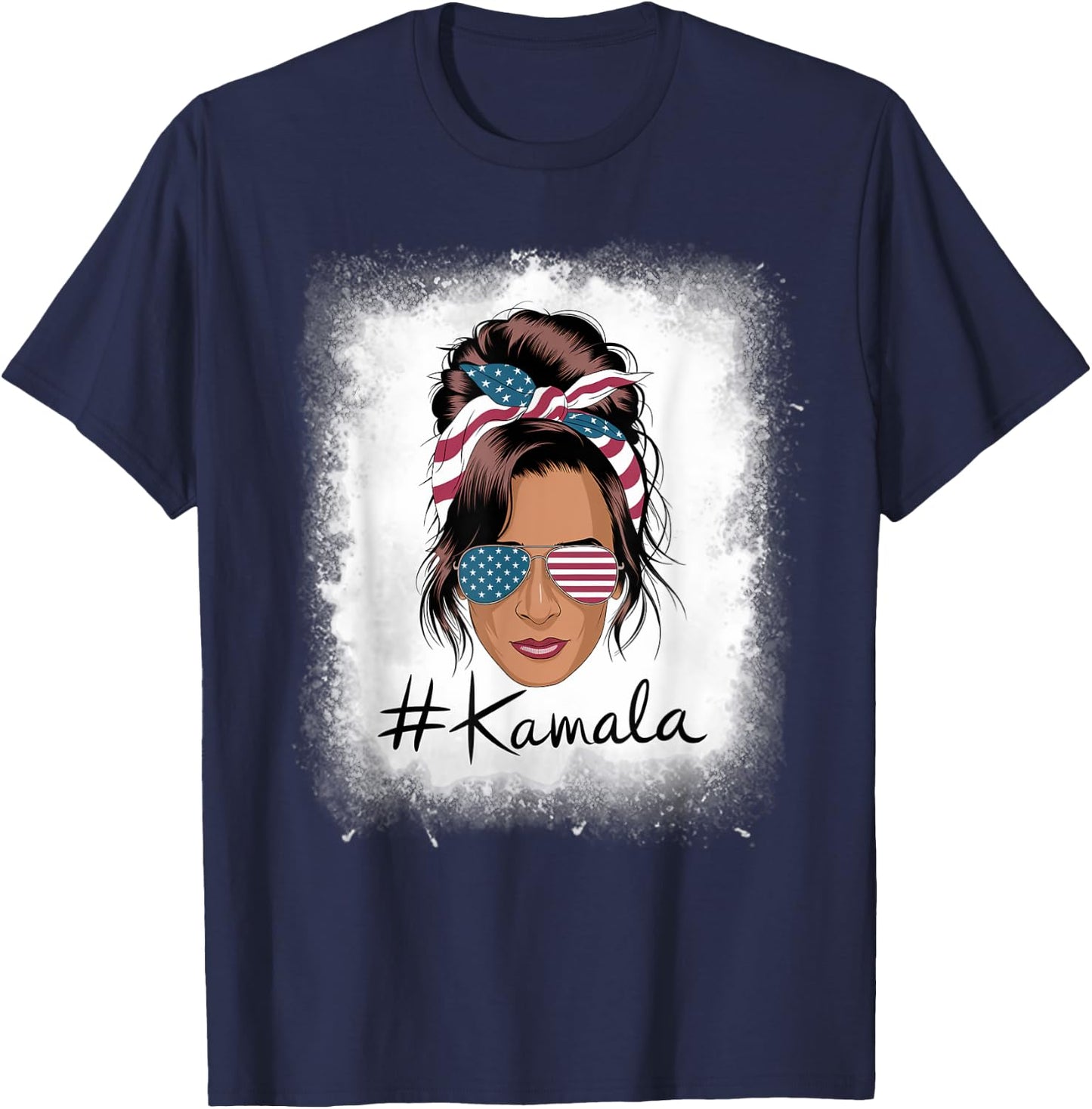 Kamala Harris Retro USA Patriotic American Flag Messy Bun T-Shirt - T-Shirt | Navy