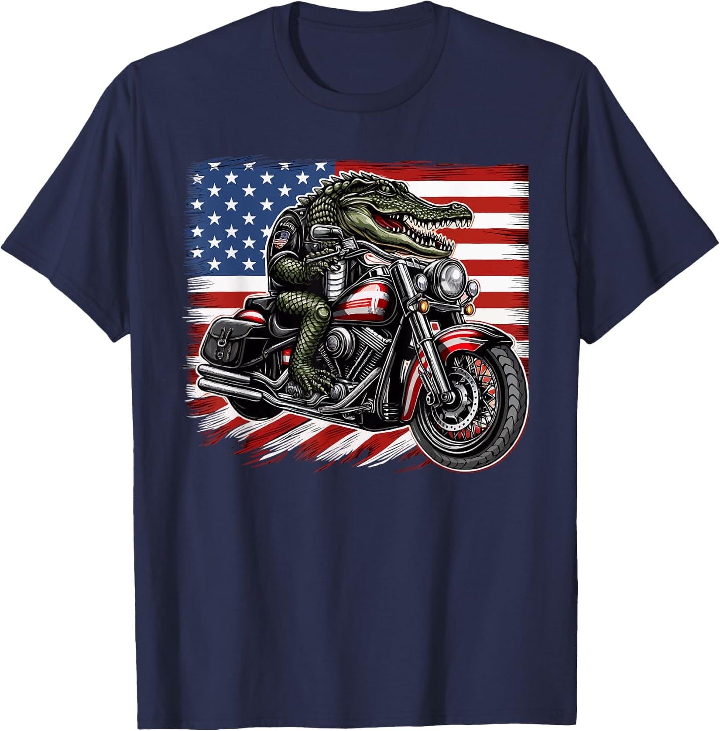 Patriotic American Alligator Riding Motorcycle 4th of July T-Shirt - T-Shirt | Navy