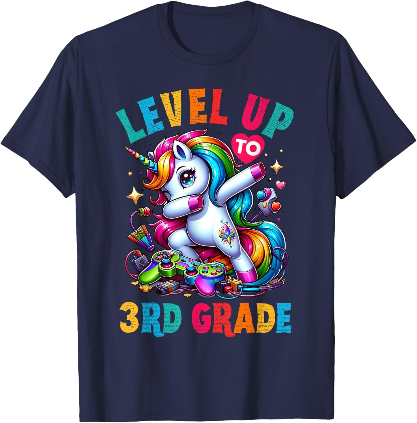 Unicorn video games back to School 3rd grade Girls Level up T-Shirt - T-Shirt | Navy