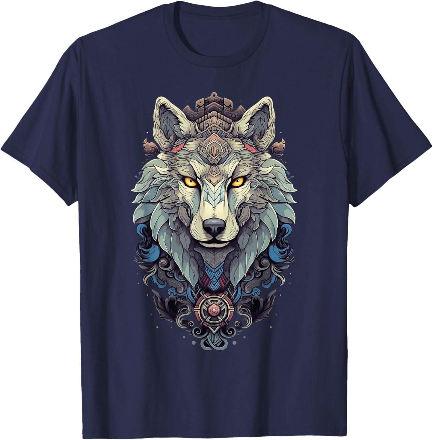 Native American Boho Wolf Splash Art Animal Face Wolf T-Shirt - T-Shirt | Navy