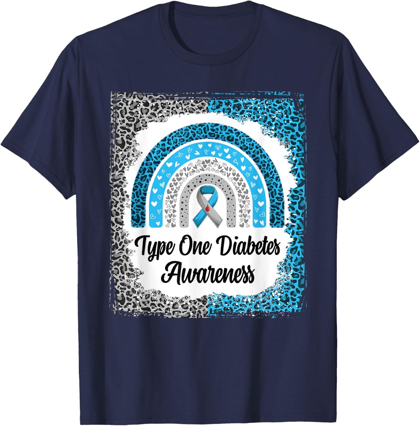 Type 1 Diabetes Awareness Bleached Rainbow leopard Ribbon T-Shirt - T-Shirt | Navy