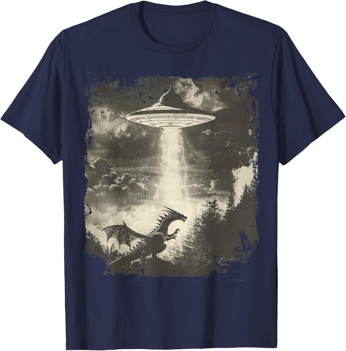 Fantasy Dragon Retro Art Sci-Fi Alien Ufo T-Shirt - T-Shirt | Navy